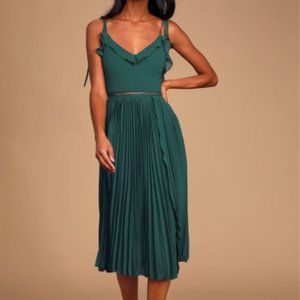 Lulus Never a Dull Moment Emerald Green Tie-Strap Pleated Midi Dress